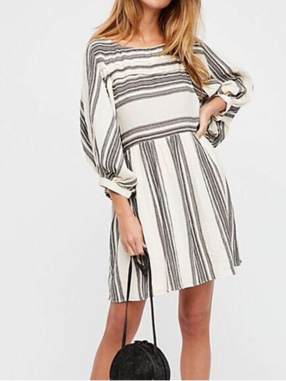 Free People Lilly Mini Dress Tunic Striped Cream Gray Boho Oversized
